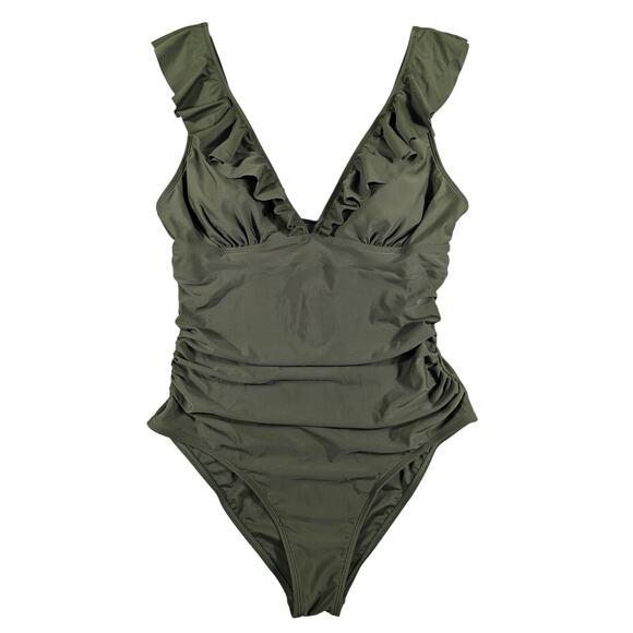 Cupshe Swim Suit Women's Large Dark Sage Green One Piece Ruffle Tie Closure NWT - Picture 1 of 12